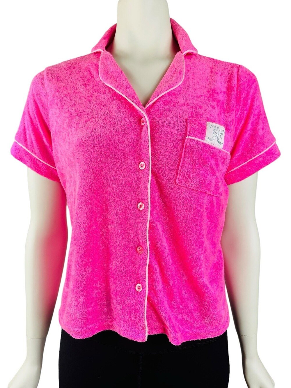 Juicy Couture Sleep Top Women's Small Hot Pink Terry Cloth Button Up Embroidery